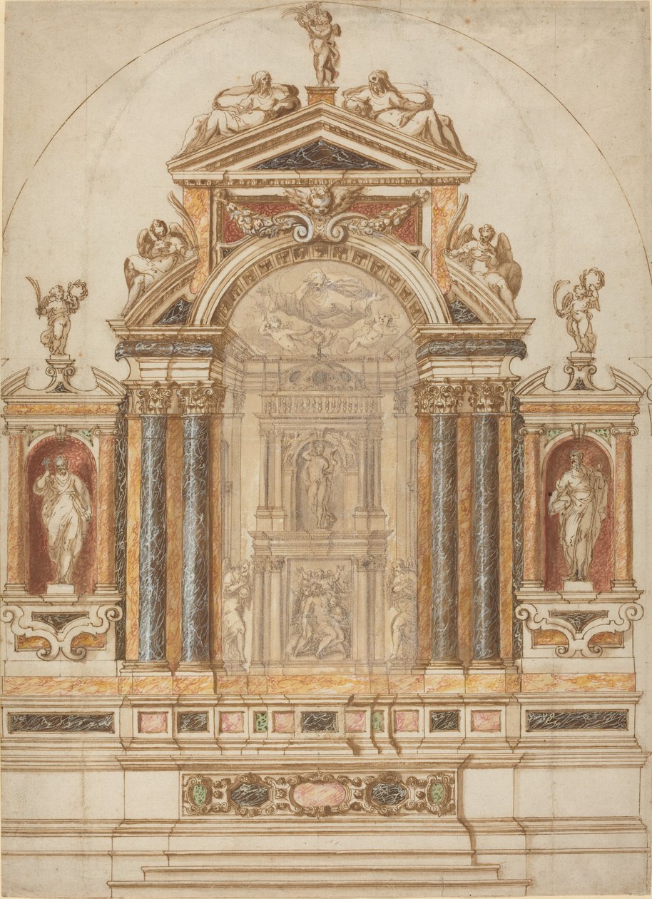 Um elaborado altar de mármore colorido ornamentado com esculturas de Italian 17th Century