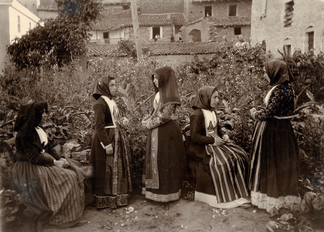 Grupo de mulheres com trajes tradicionais num jardim, Sardenha, Itália de Italian Photographer