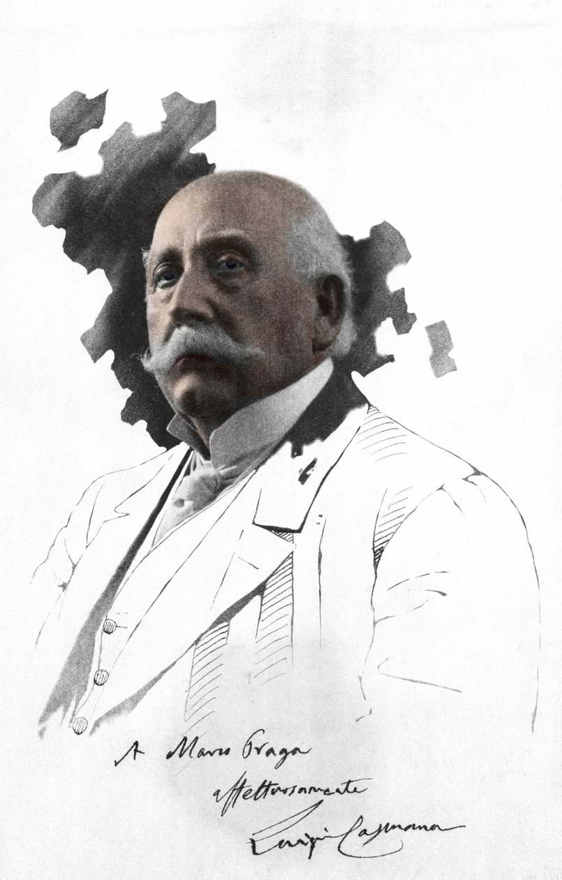 Retrato de Luigi CAPUANA (1839-1915) escritor italiano. Fotografia colada no desenho com dedicatória de Marco Praga. Milanês . de Italian Photographer