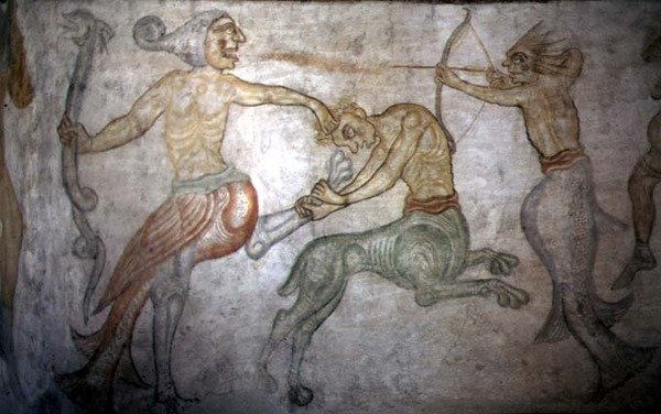 Uma Batalha entre Sátiros e Outras Criaturas Mitológicas (fresco) de Italian School
