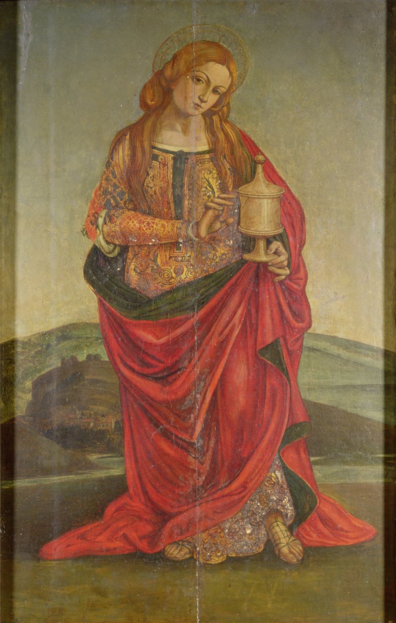Um santo feminino com um cálice, possivelmente Maria Madalena, provavelmente do século XVI (painel) de Italian School