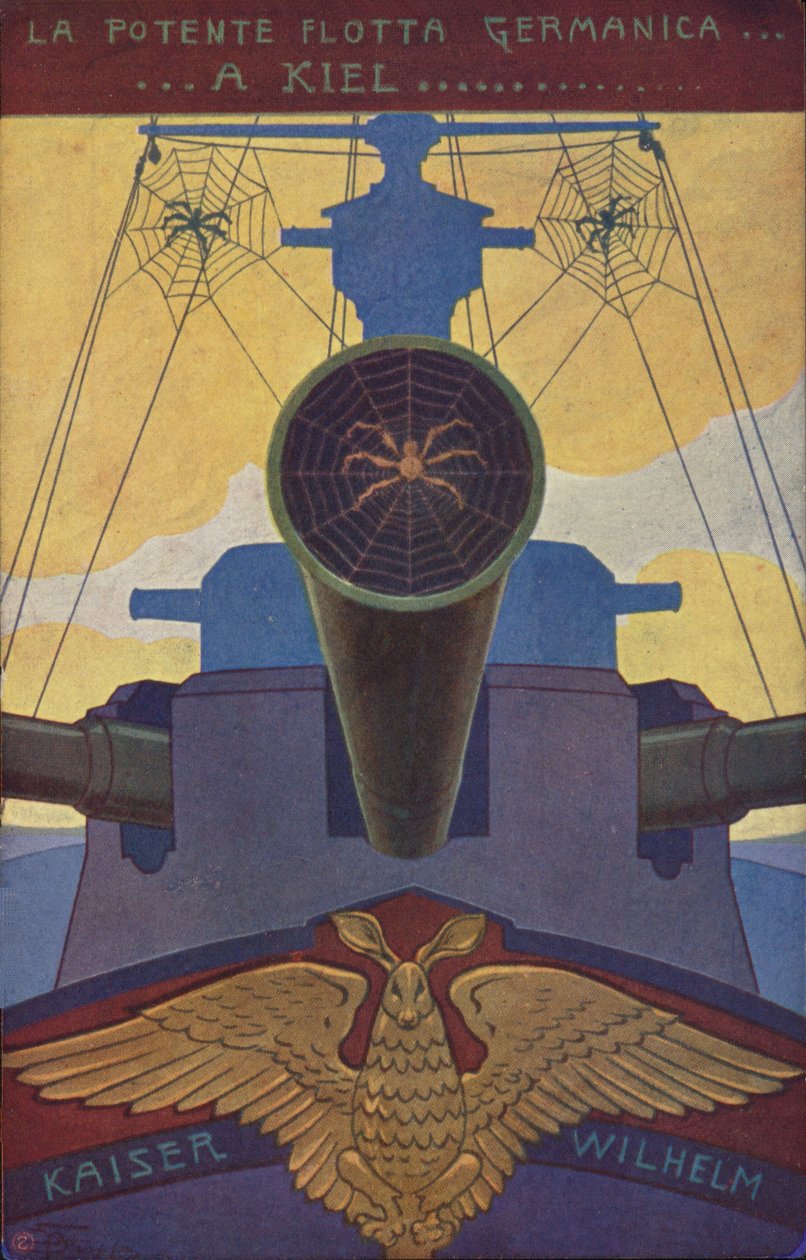 Um navio de guerra alemão coberto de teias de aranha (litografia a cores) de Italian School