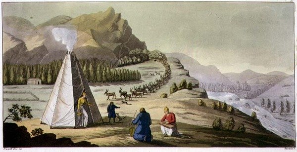 Uma Cabana Laplander ou Tenda Octogonal com um rebanho de renas descendo a montanha, placa 47 de "A História das Nações" (aquatint) de Italian School
