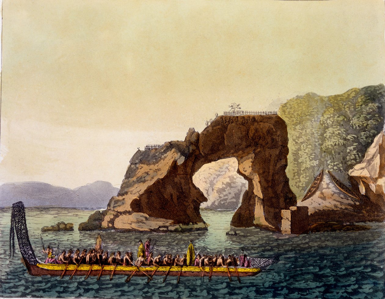 Um ponto de vista fortificado Maori na Nova Zelândia, combinado com Maori War Canoe, 1820s-30s (aquatinta colorida à mão) de Italian School