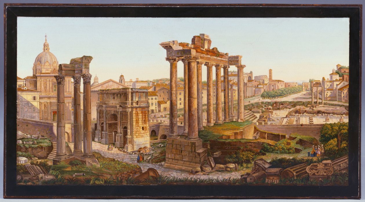 Um tampo de mesa de micro-mosaico romano incrustado com figuras diante dos Templos de Castor e Pólux no Fórum Romano de Italian School