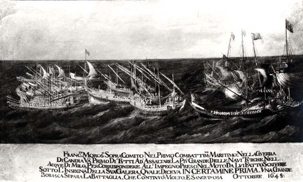 Uma batalha marítima entre a frota veneziana do General Francesco Morosini (1618-94) contra os turcos da costa de Creta, Outubro de 1645 (óleo sobre tela) (foto a p&b) de Italian School