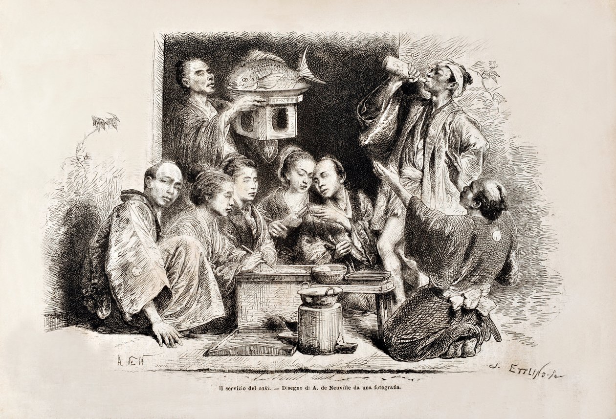 Um pequeno partido bebendo amor, da edição italiana de Tour du Monde, 1869 de Italian School