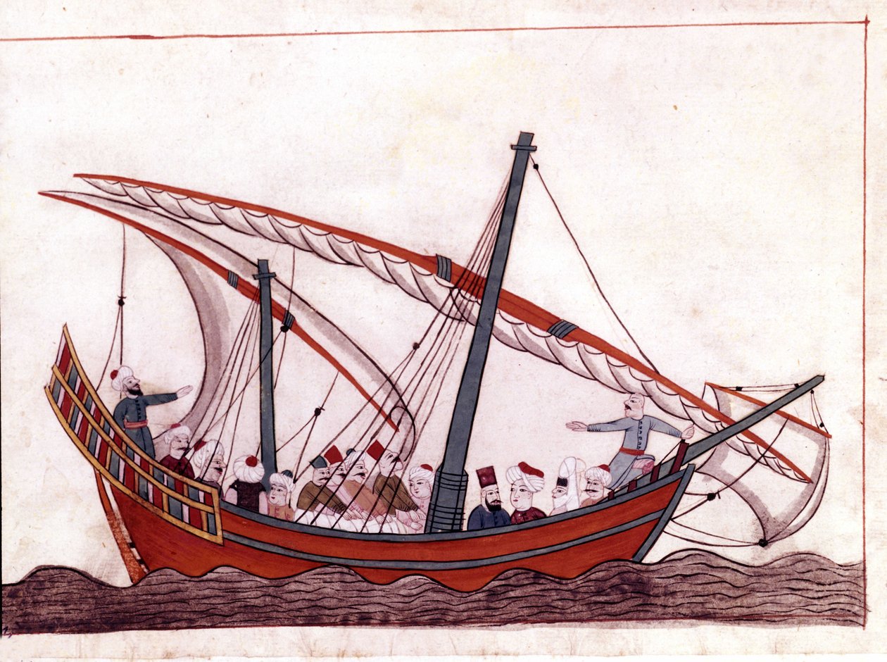 Um barco turco. Miniatura de "Turkish Memorials" (codex Cicogna 1971 "Memorie Turchesche") Aguarela da escola veneziana do século XVII. de Italian School