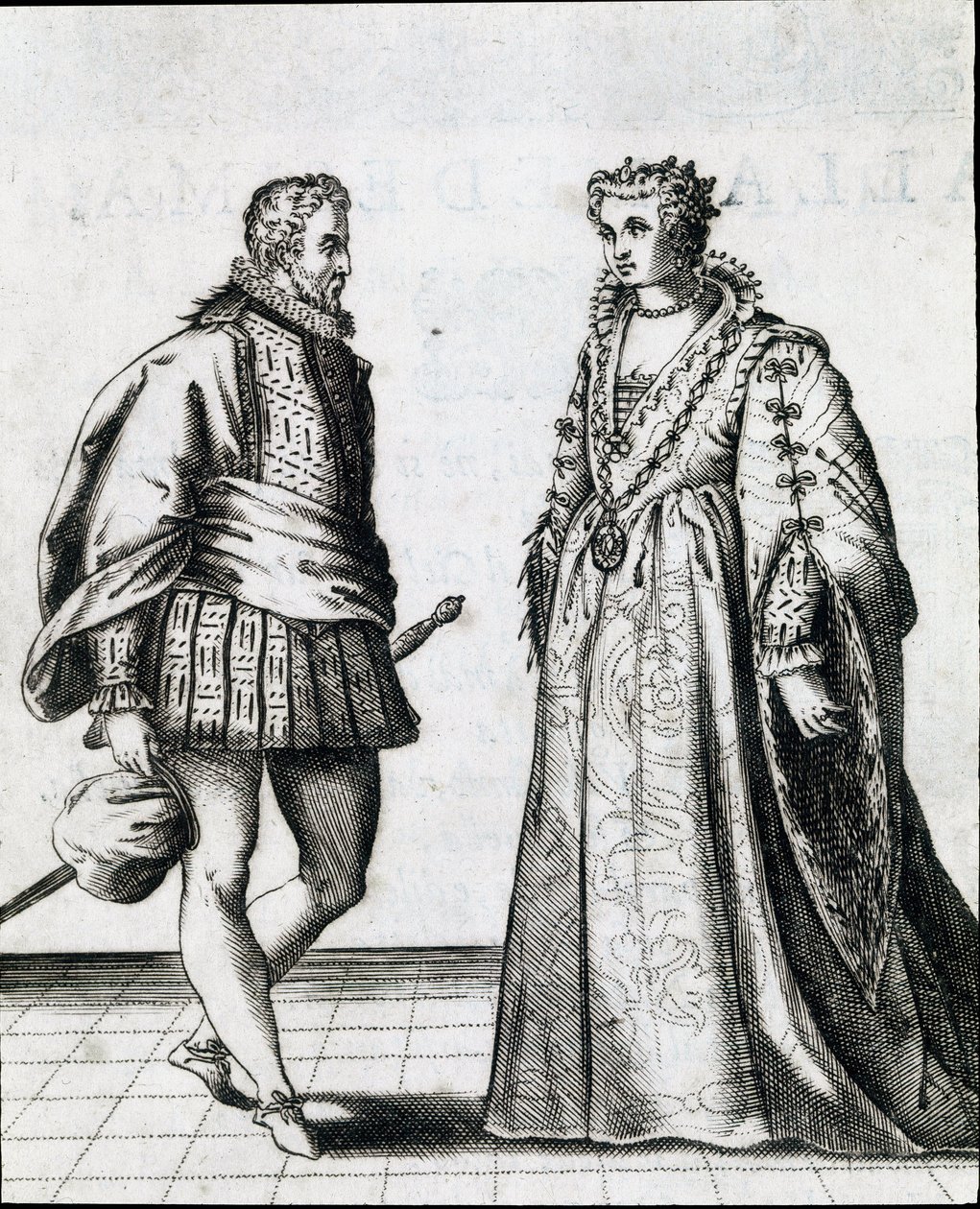 Um casal de nobres italianos. Gravura de "Il Ballarino" (ou Il Ballerino) trata da dança do mestre de dança Fabritio Caroso (1527/1535-1605/1620) 1581. Civico Museo Biblioteca Musicale, Bolonha de Italian School