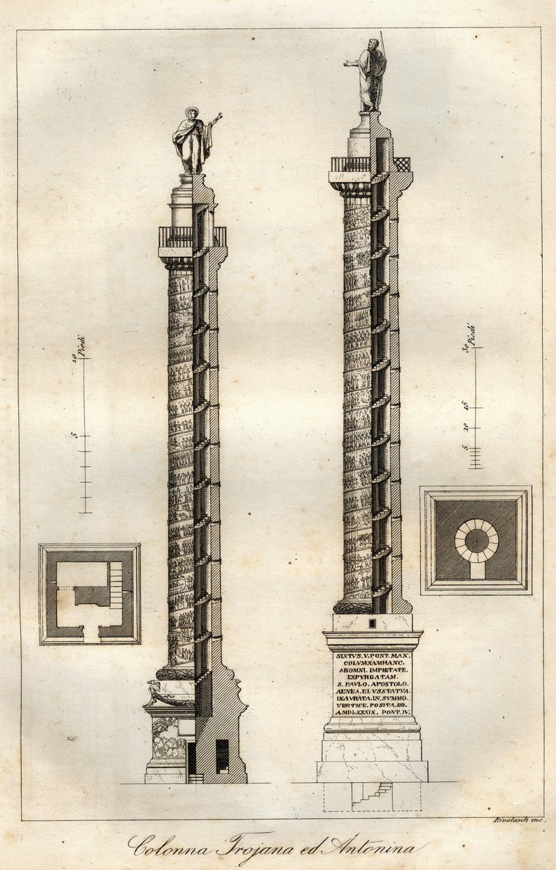 Um diagrama de secção transversal da Coluna de Trajano (Coluna Trajana) (113 d.C.) e da Coluna de Antoninus Pius (161 d.C.) em Roma - gravura de "Usi e Costumi di Tutti i Popoli dell