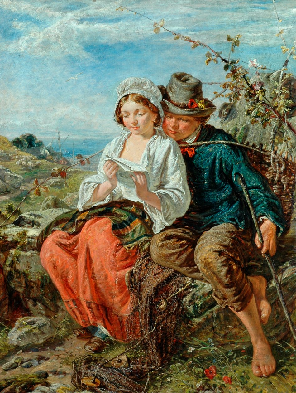 Um pescador e uma menina lendo, 1850-79 de Italian School
