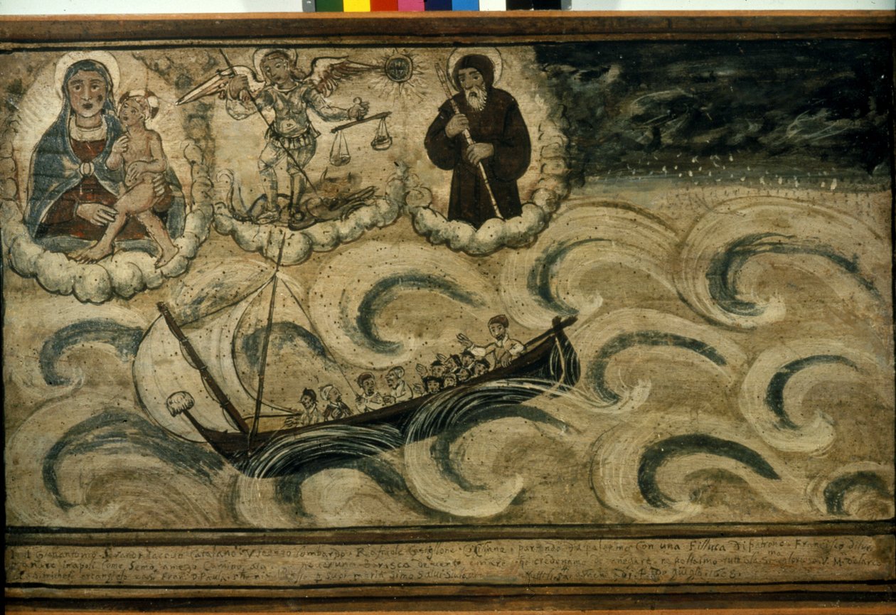 Um barco de pesca a fugir da tempestade. Ex voto do século XVII da Igreja da Madonna dell