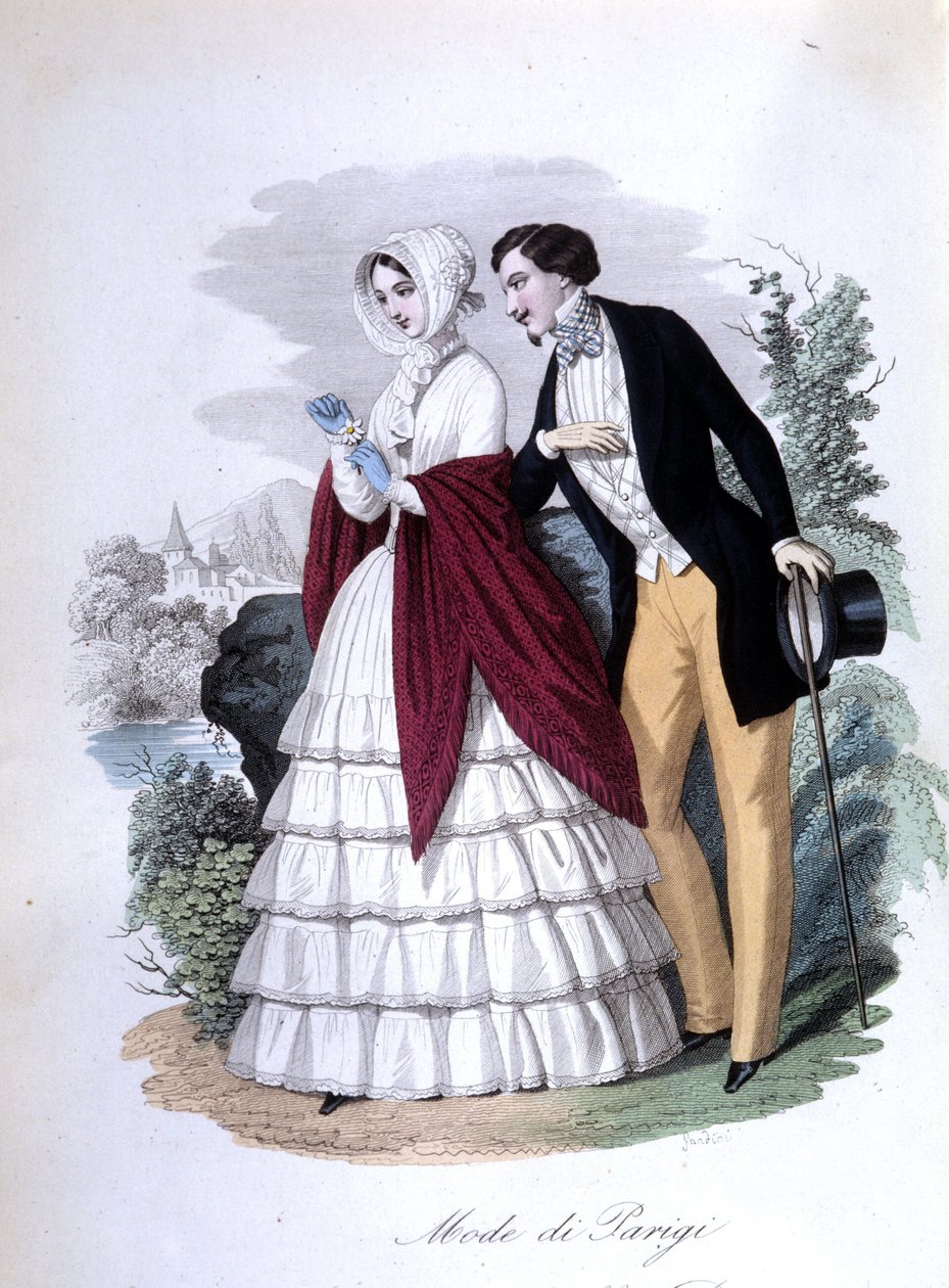 Uma cena galante: um elegante casal de parisienses da moda. 1848 (gravura) de Italian School