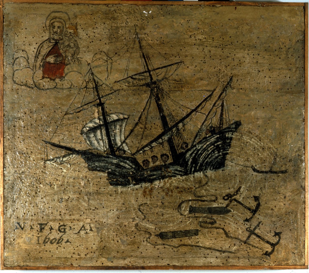 Um galeão atira âncoras e dois canhões para soltar durante uma tempestade. Ex voto de 1610 del l