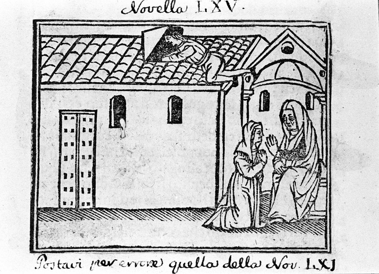 Um marido ciumento renuncia a si mesmo como sacerdote para recolher a confissão de sua esposa adúltera. Ilustração para a notícia 65 (Nova 5 do sétimo dia) do "Decameron" de Giovanni Boccaccio dit Jean Boccaccio (1313-1375), escritor italiano. Gravação em de Italian School