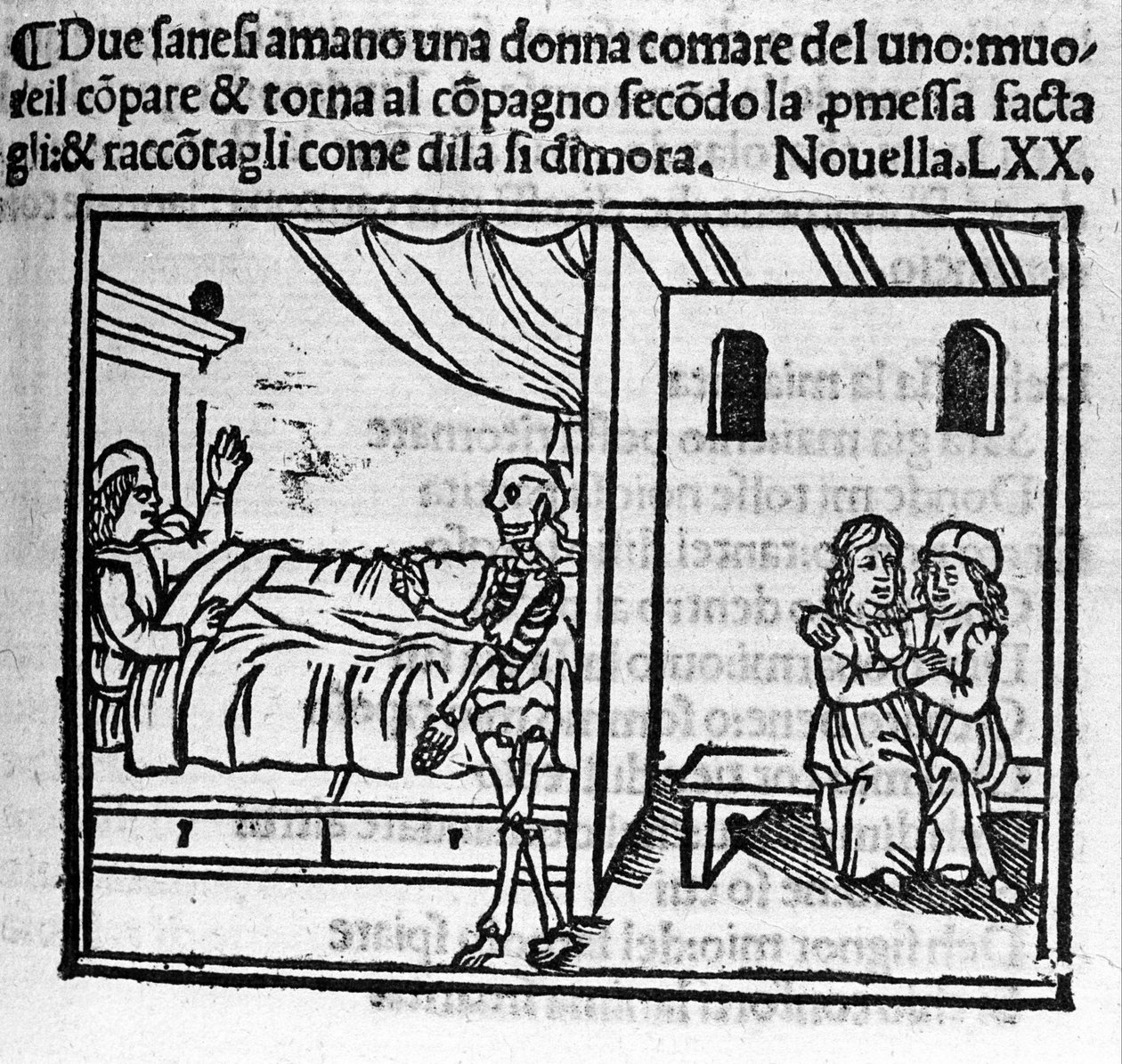 Um homem apaixonado pela mulher do amigo o substitui no lar matrimonial quando ele morre. Ilustração para a notícia 70 (notícia 10 do sexto dia) do "Decameron" de Giovanni Boccaccio dit Jean Boccaccio (1313-1375), escritor italiano. Gravura em "Decame de Italian School