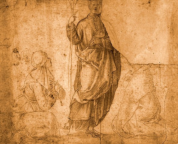 Uma santa com duas mulheres ajoelhadas (giz vermelho sobre papel) de Italian School