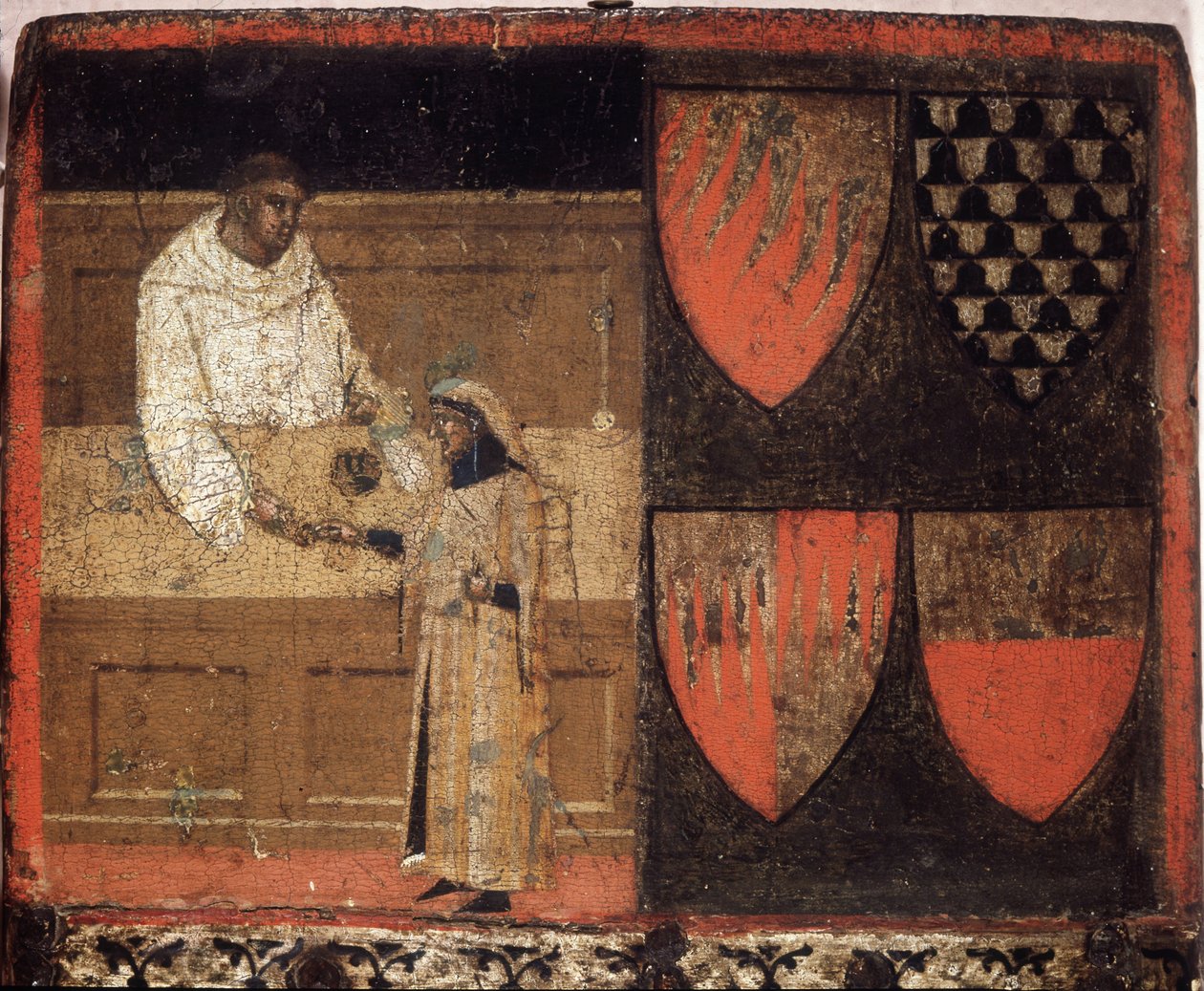 Um cobrador de impostos e um contribuinte, Biccherna (cobertura do registro contábil da cidade de Siena) a partir de 1340. Arquivo Nacional - Museo delle Tavolette de Bicherna, Siena. de Italian School