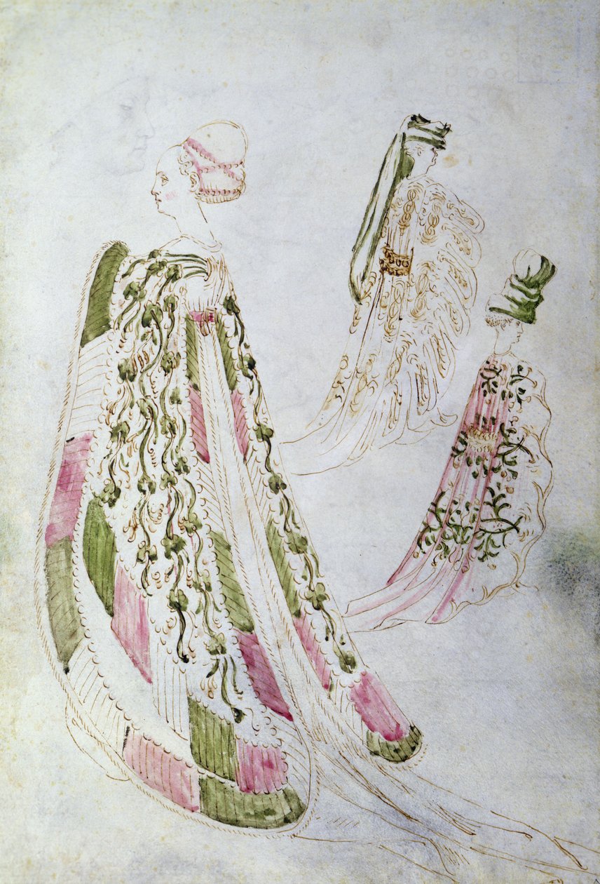 Uma mulher e dois homens com casacos compridos, c.1450 (tinta e aguarela sobre papel) de Italian School