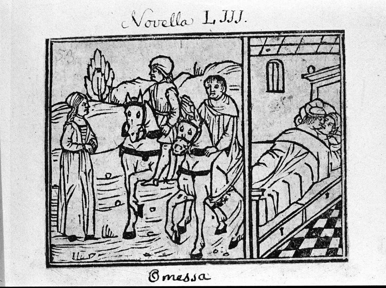 Uma mulher conhece dois cavaleiros, e tem um casal num quarto. Ilustração para a notícia 53 (notícia 3 do 6º dia) do "Decameron" de Giovanni Boccaccio dit Jean Boccaccio (1313-1375), escritor italiano. Gravura em "Decamerone ouer Cento nouelle" Veneza, B de Italian School