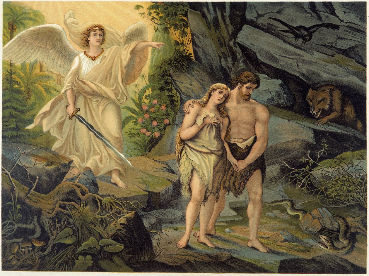 Adão e Eva expulsos do Paraíso terrestre (Éden) pelo Arcanjo - in "Aurea Bibbia classica: storia della rivelazione divina nell