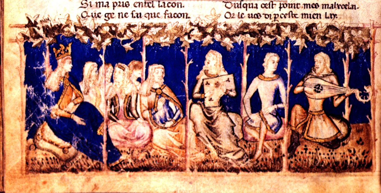 Add.12228 fol.222v Uma rainha ouve música, do Roman du Roy Meliadus de Leonnoys, c.1352 (velino) de Italian School