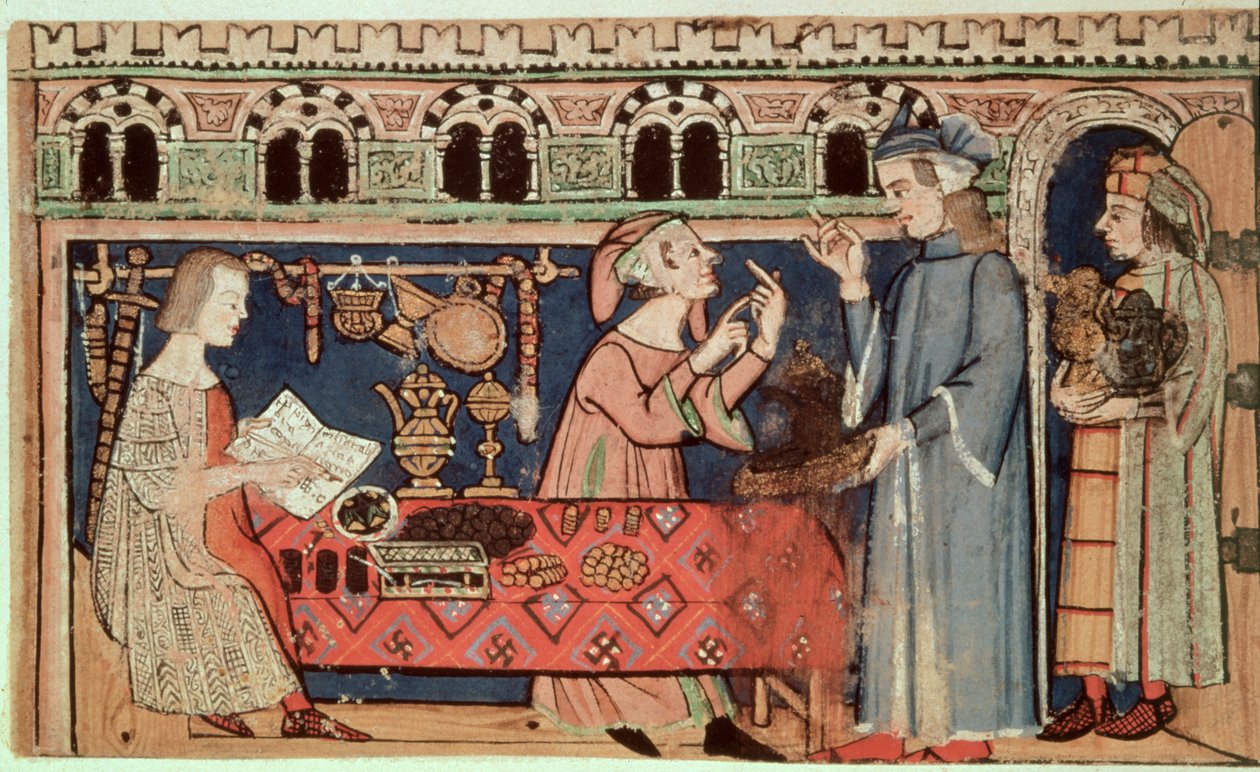 Adicionar 27695 f.7v O agiota, do Tratado sobre os vícios (velino) de Italian School