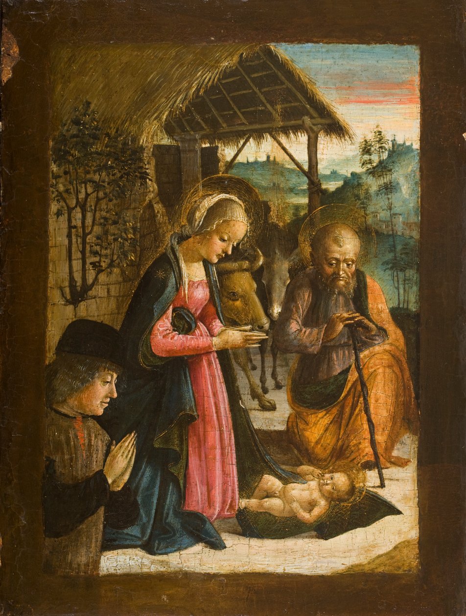 Adoração da criança com retrato do doador, c.1500 (têmpera no painel) de Italian School