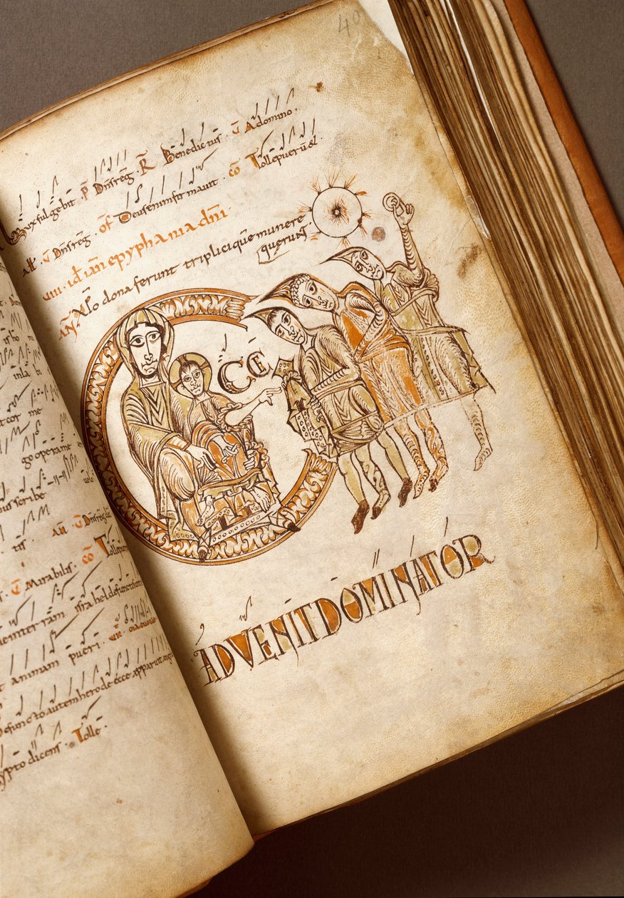 Adoração ao Manuscrito dos Reis Magos da escola bolonhesa. (Ms.123-Foglio 40 r) Roma do século XI, Biblioteca Angélica de Italian School