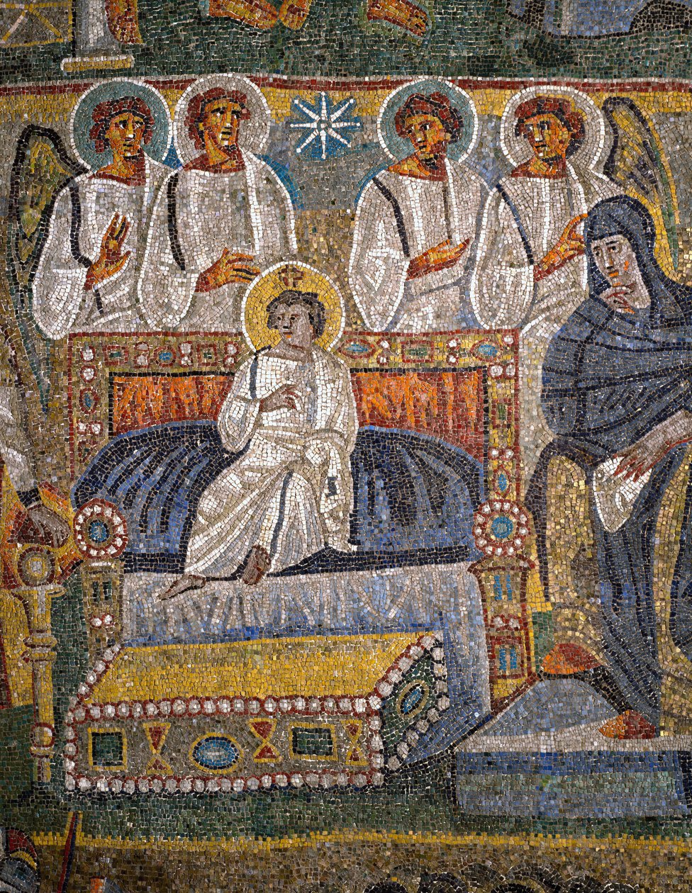 Adoração dos Magos, detalhe de Cristo rodeado por anjos (mosaico) de Italian School