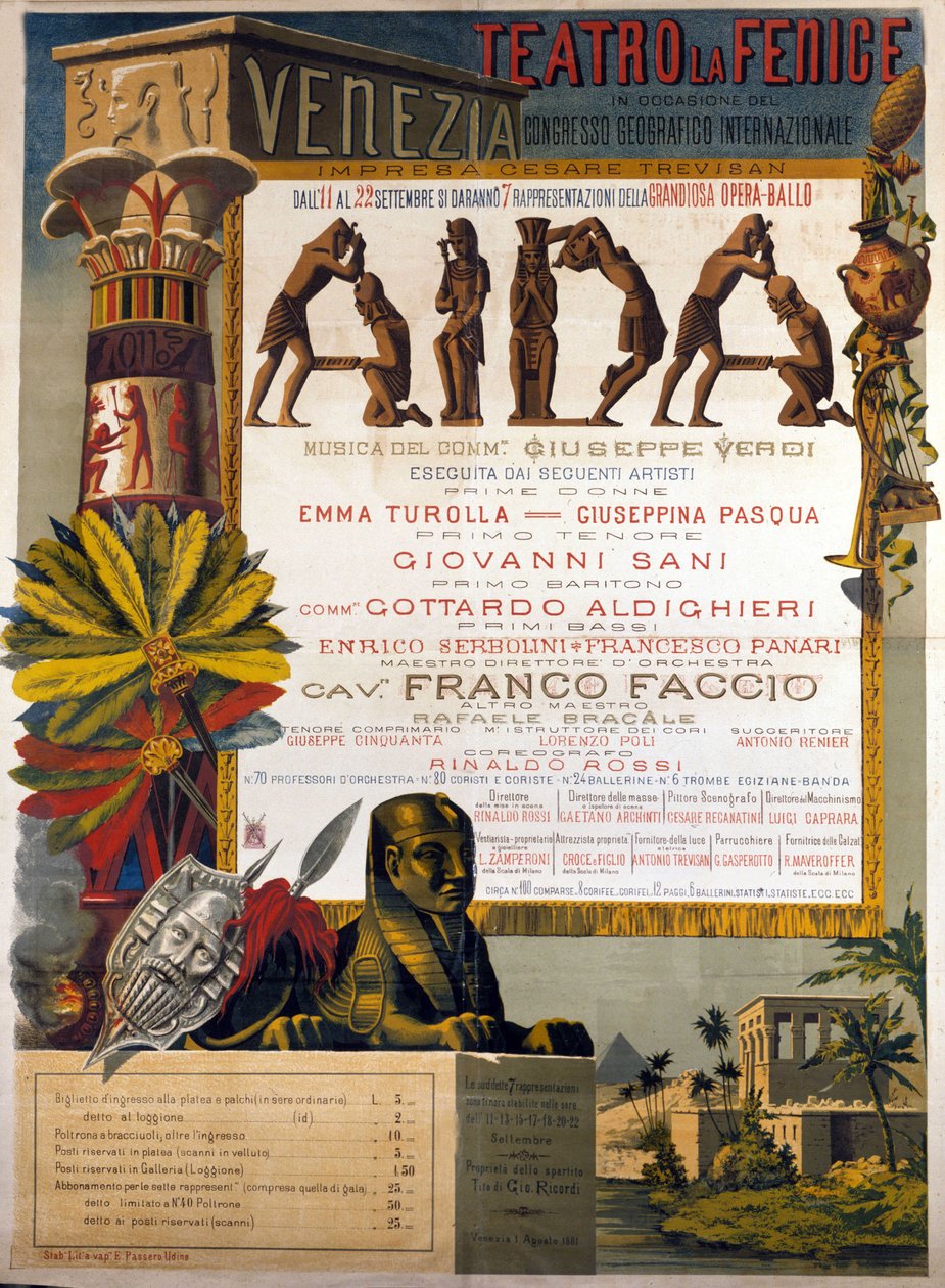 Cartaz para a apresentação da Aida de Giuseppe Verdi em La Fenice em Veneza, em 1881. de Italian School