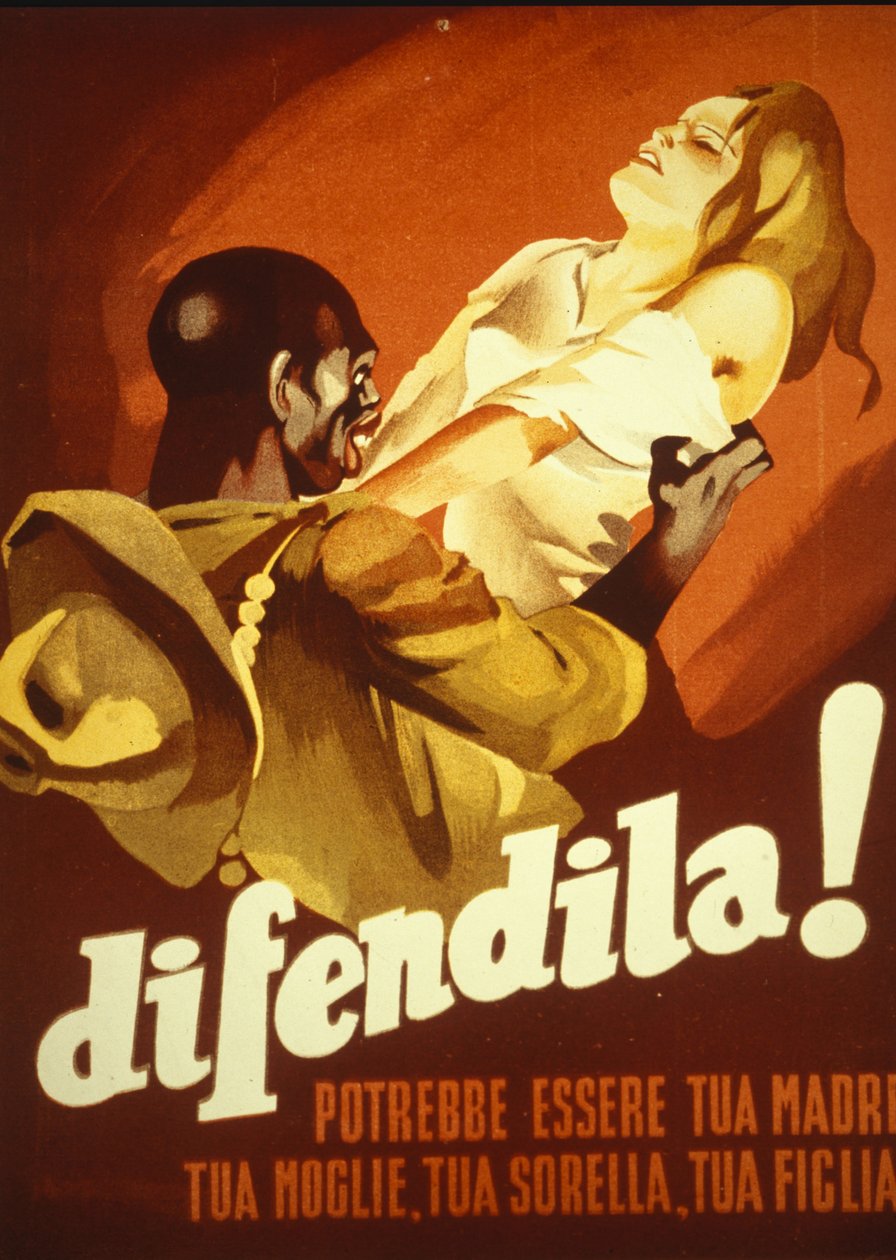 Cartaz que mostra uma jovem mulher a ser atacada por um homem de cor: Defende-a, ela pode ser a tua mãe, a tua mulher, a tua irmã, a tua filha. Itália de Italian School