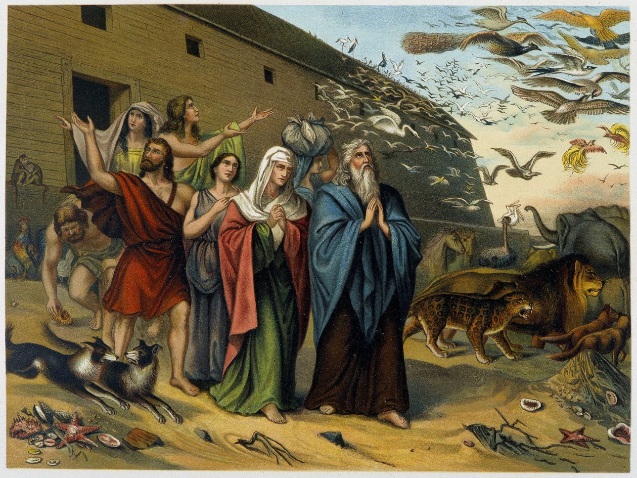 Depois da inundação, Noé, a sua família e os seus animais saem da arca - em "Aurea Bibbia classica: storia della rivelazione divina nell