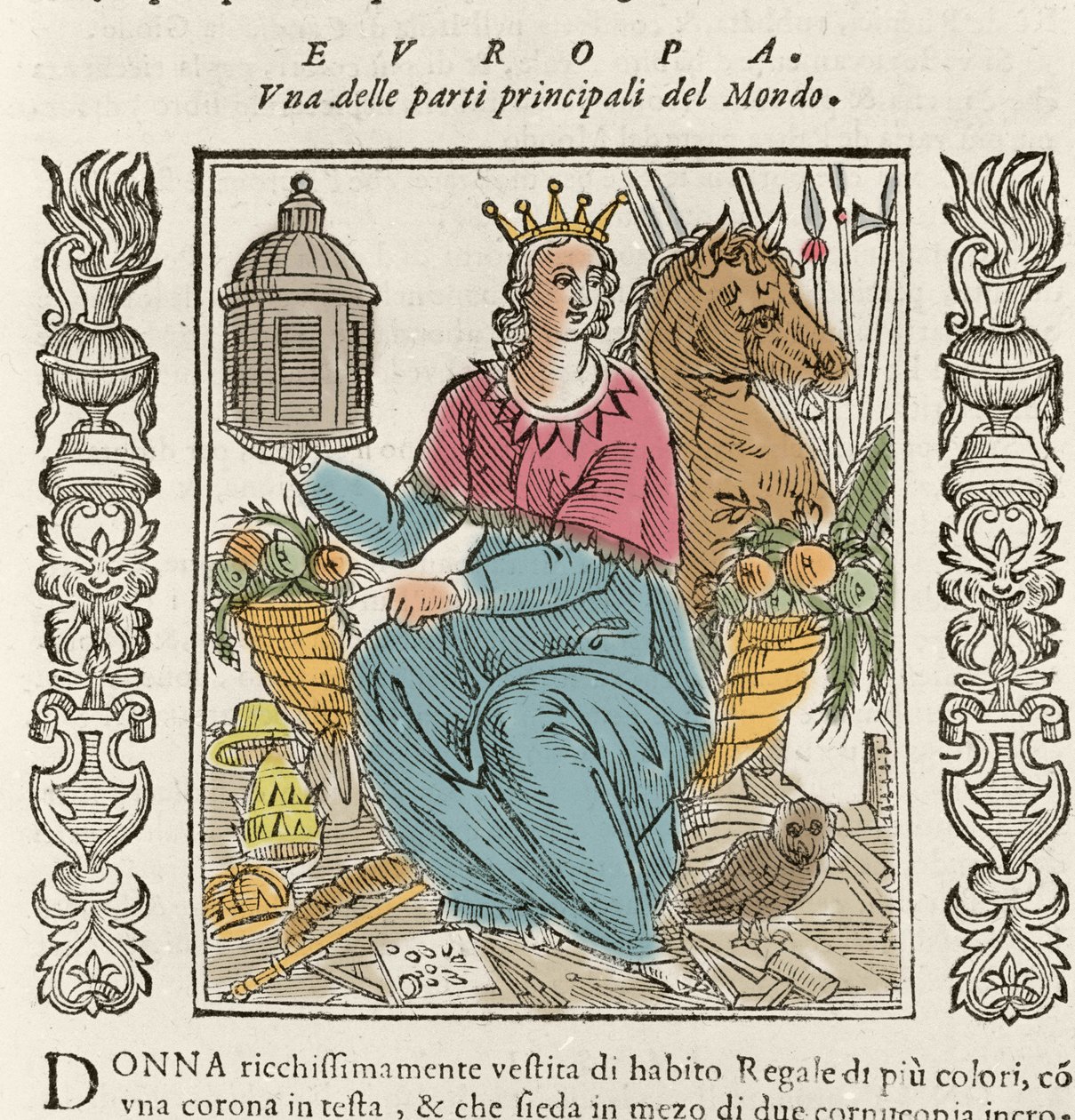 Alegoria da Europa sob a forma de uma mulher ricamente vestida, coroada, rodeada de chifres de abundância. Placa retirada de "Iconologia" por Cesare Ripa (1550 cerca de 1622) de Italian School