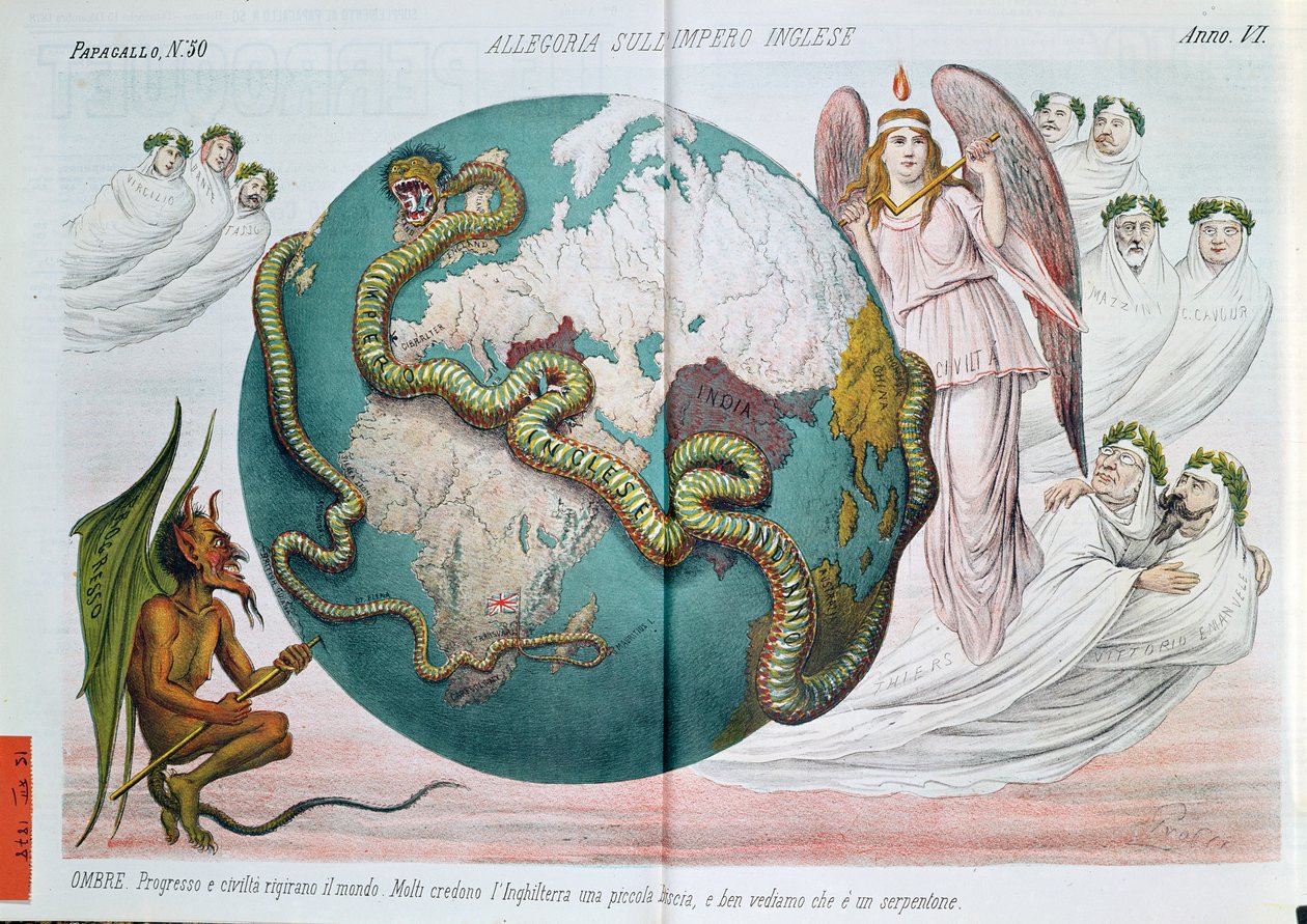 Alegoria do Império Britânico estrangulando o mundo, desenho animado satírico de Le Perroquet (Il Papagallo), 1878 de Italian School