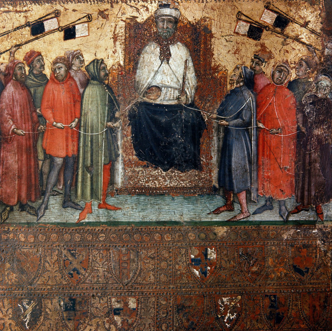 Alegoria do governo da cidade de Siena rodeado de cidadãos que estão simbolicamente ligados a ela por uma corda Pintura anónima sobre madeira de um Biccherna (capa do registo contabilístico da cidade de Siena) 1385. Siena Archivio di Stato, Itália de Italian School