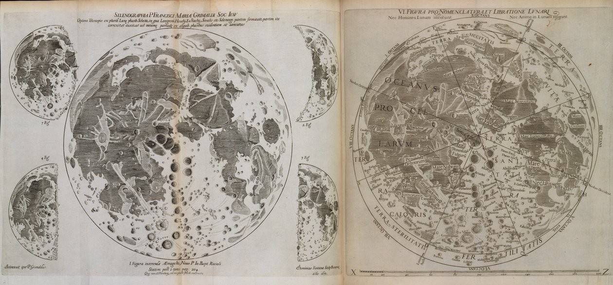 Almagestum novvum astronomaiam veterem novamque complectens observationibus aliorum, et propriis nouisque theorematibus, problematibus, ac tabulis pomotam, c.1660 (impressão) de Italian School