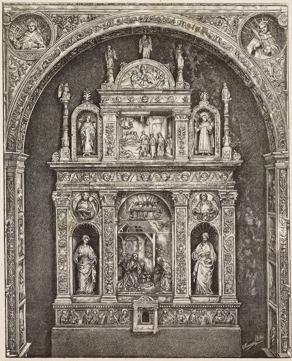 Altar na igreja de Santa Cita, de Antonello Gagini, Palermo, Itália, gravura de desenho de G Cavallotti, de L