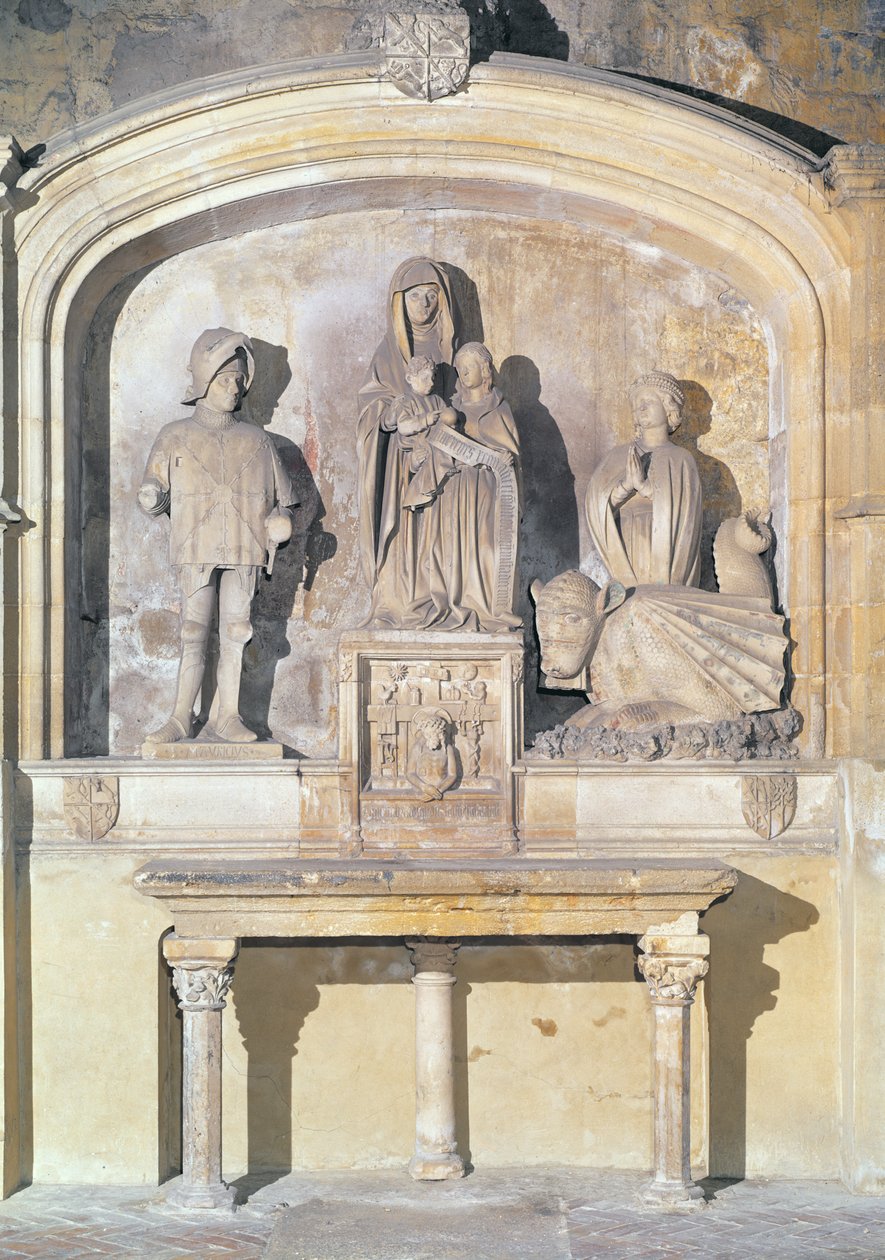 Retábulo de Santa Ana, a Virgem e o Menino Jesus, com São Maurício, Santa Marta e o Tarasque (o dragão de Tarascon) 1470 (pedra) de Italian School
