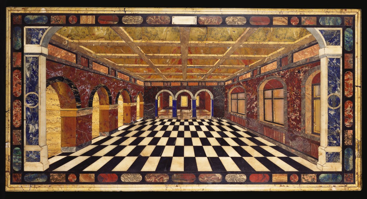 Uma mesa de mármore embutida em mármore pietre dure, representando uma cena interior de uma galeria em arcada de Italian School