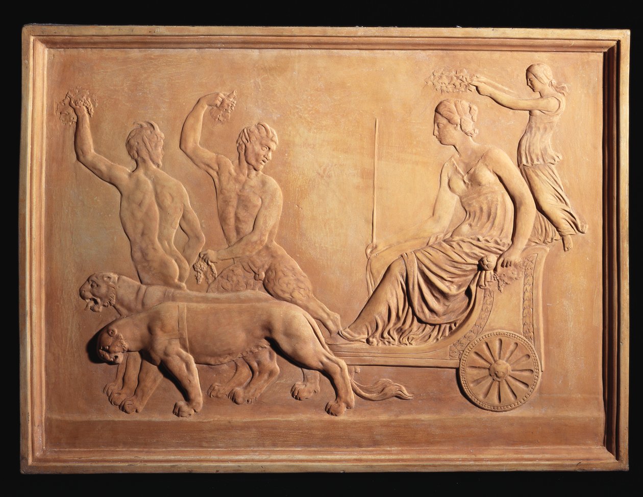 Um painel de terracota italiana em relevo representando o Triunfo de Ariadne, mostrado em Baco "carruagem puxada por pantera com Silenus e Pã olhando, c.1870 de Italian School