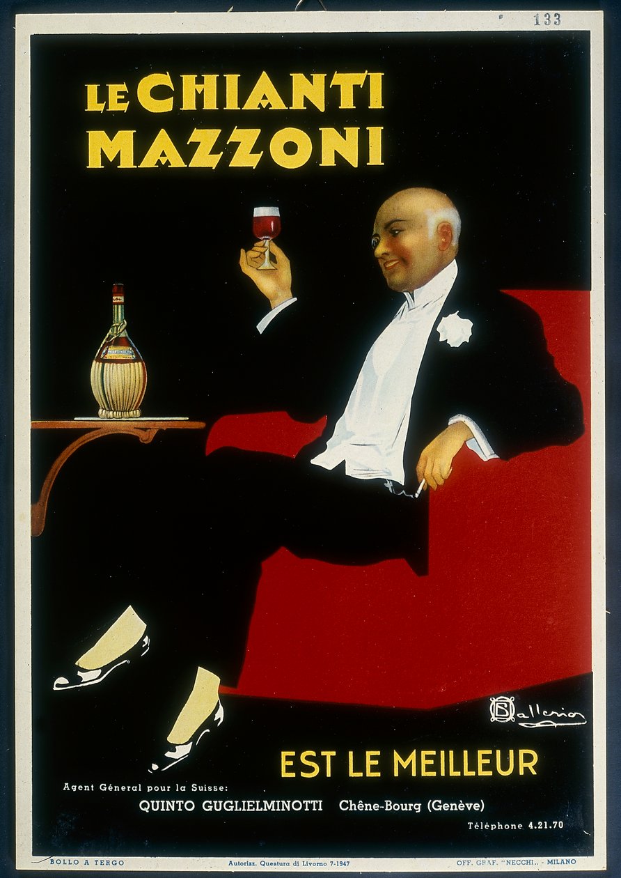 Um cartaz histórico do "Mazzoni" Chianti de Italian School
