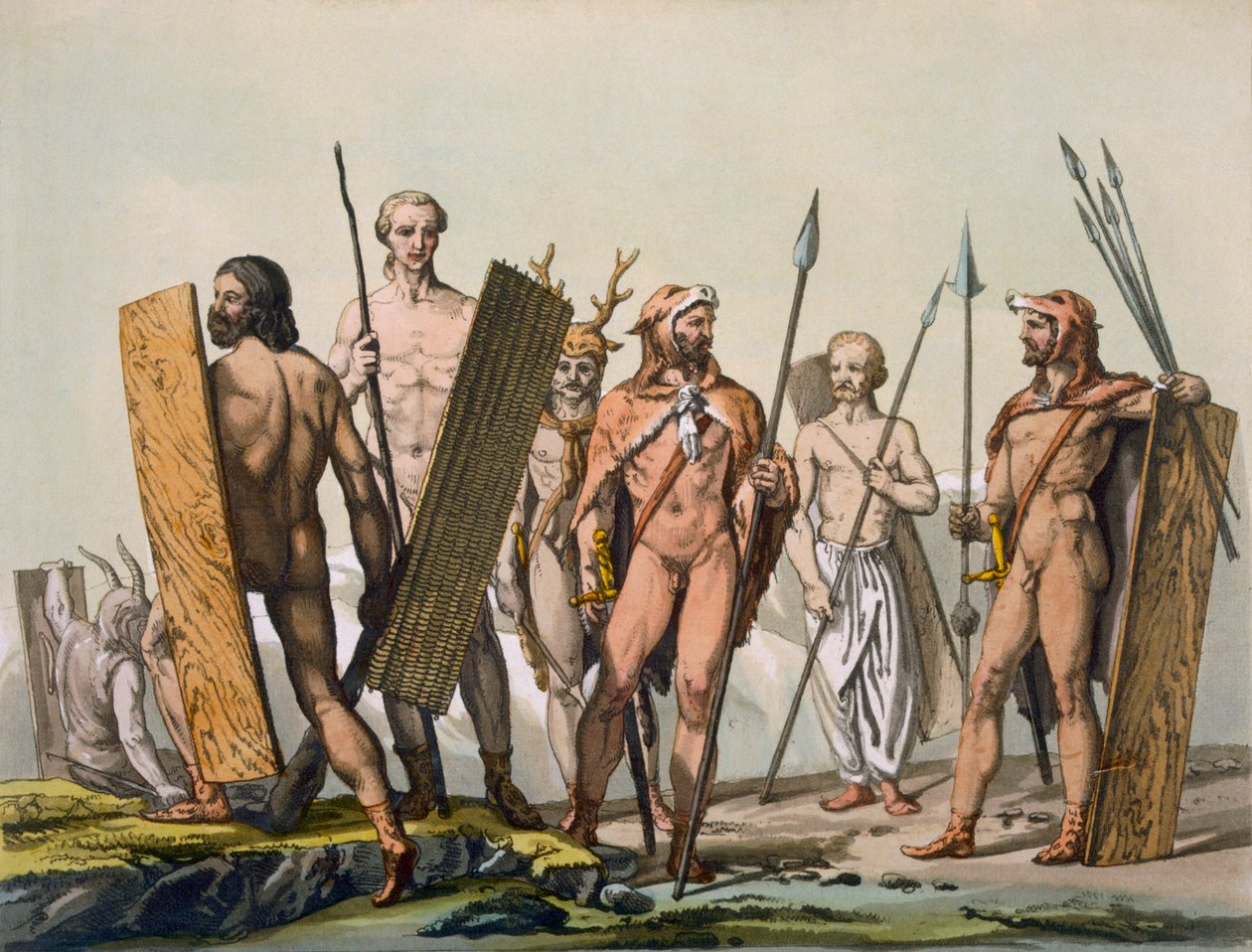 Antigos guerreiros celtas vestidos para a batalha, com um xamã, c.1800-18 de Italian School