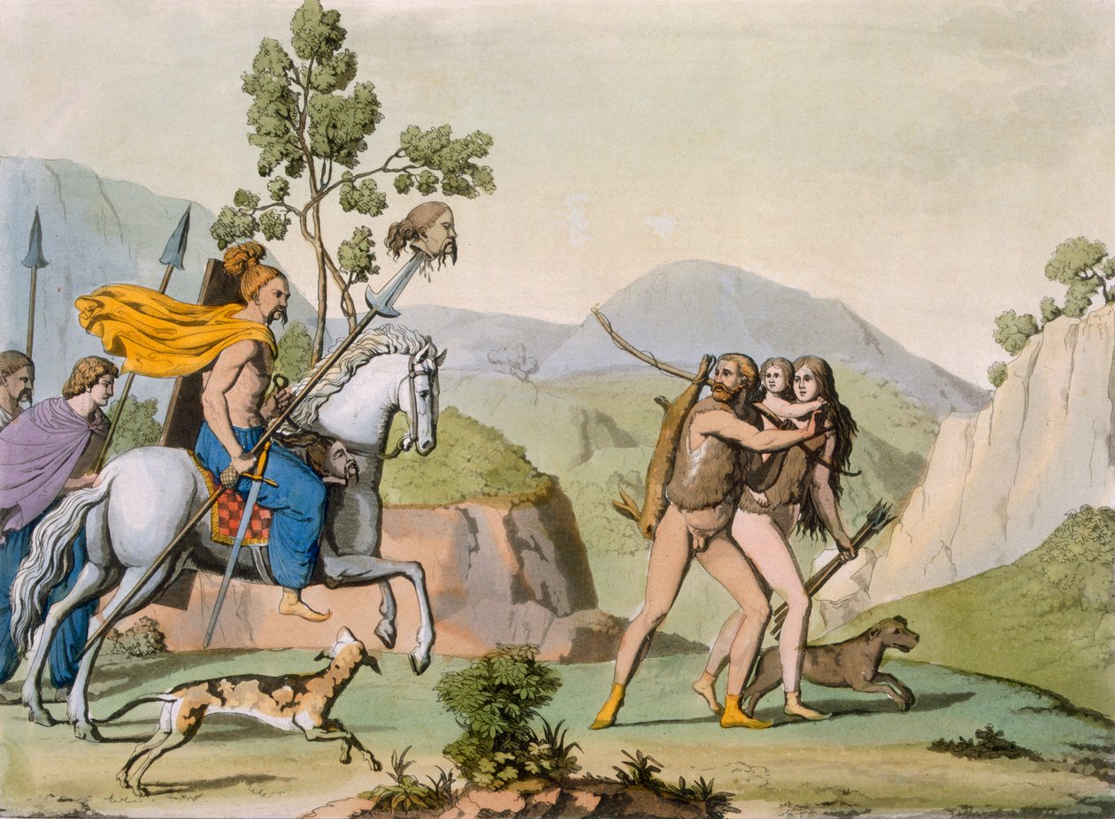 Antigos guerreiros celtas numa incursão de caça, c.1800-18 (gravura colorida) de Italian School