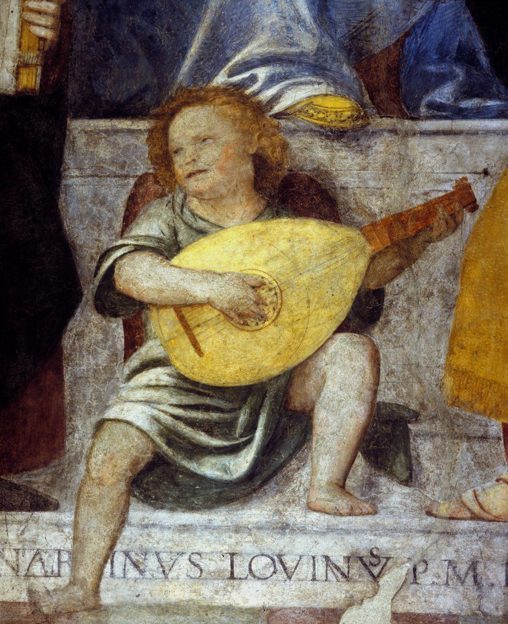 Músico anjo tocando alaúde. Detalhe de um afresco do século XVII de uma igreja em Milão. de Italian School