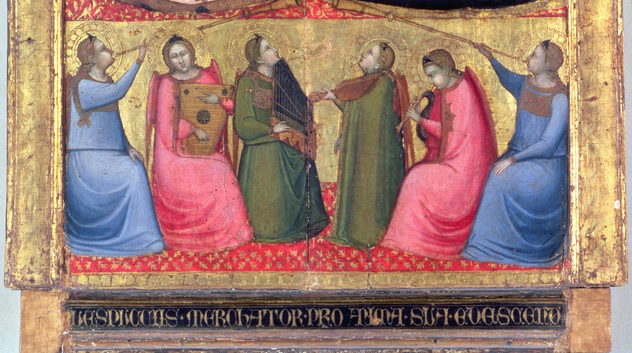 Anjos, tocando, instrumentos musicais, detalhe, de, um, predella, painel, de, um, altarpiece, florentino de Italian School