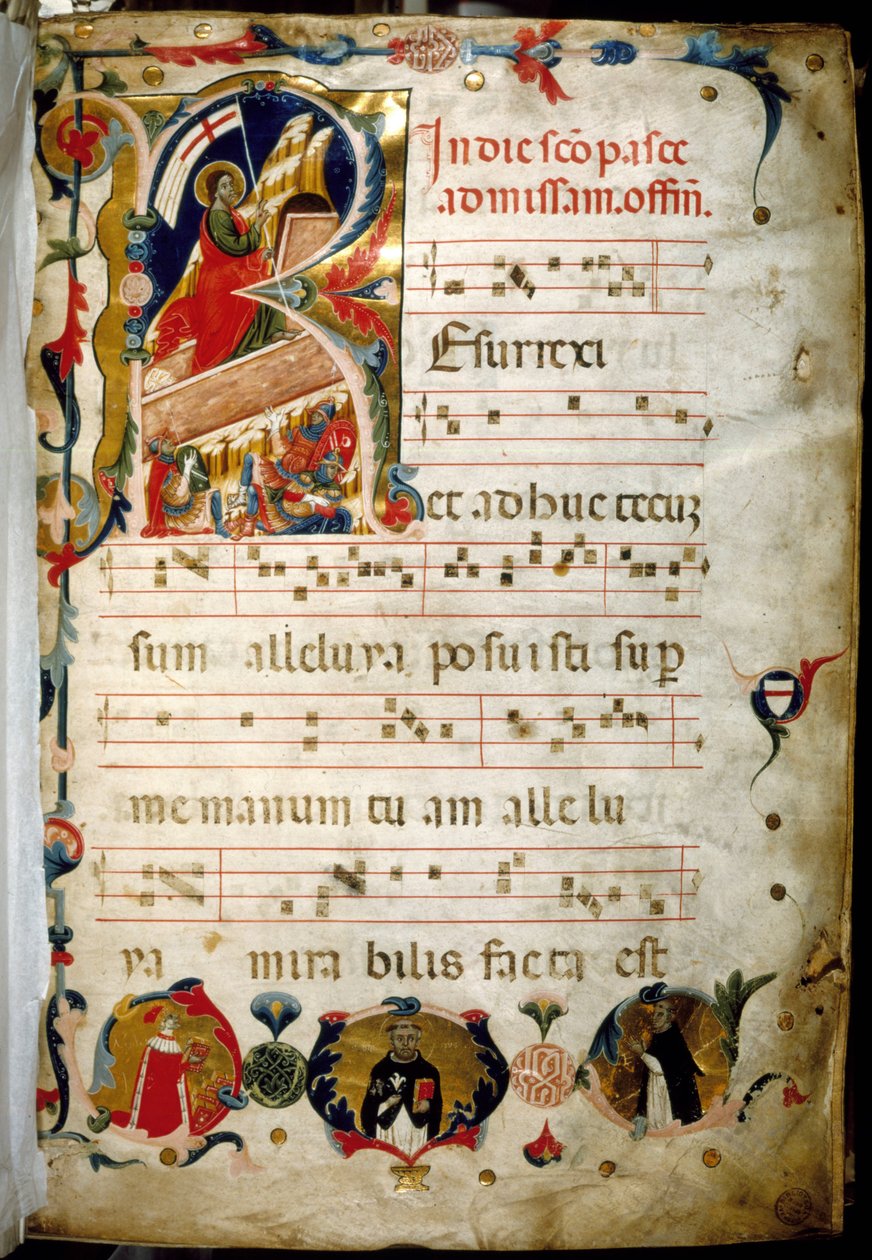 Antifonário (manuscrito de música sagrada) com retrato de Doge Marino Zorzi no canto inferior esquerdo. de Italian School