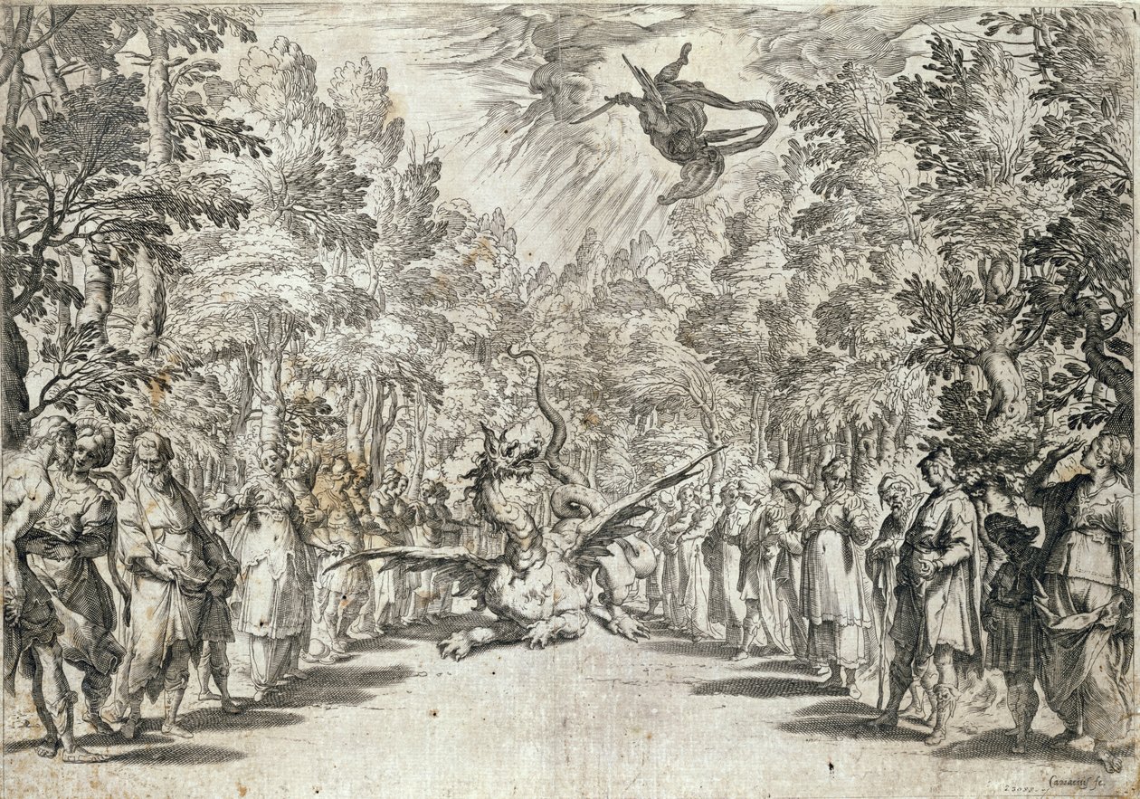 Apolo prestes a atacar o píton, de La Pellegrina por Girolamo Bargagli, gravado por Carracius de Italian School