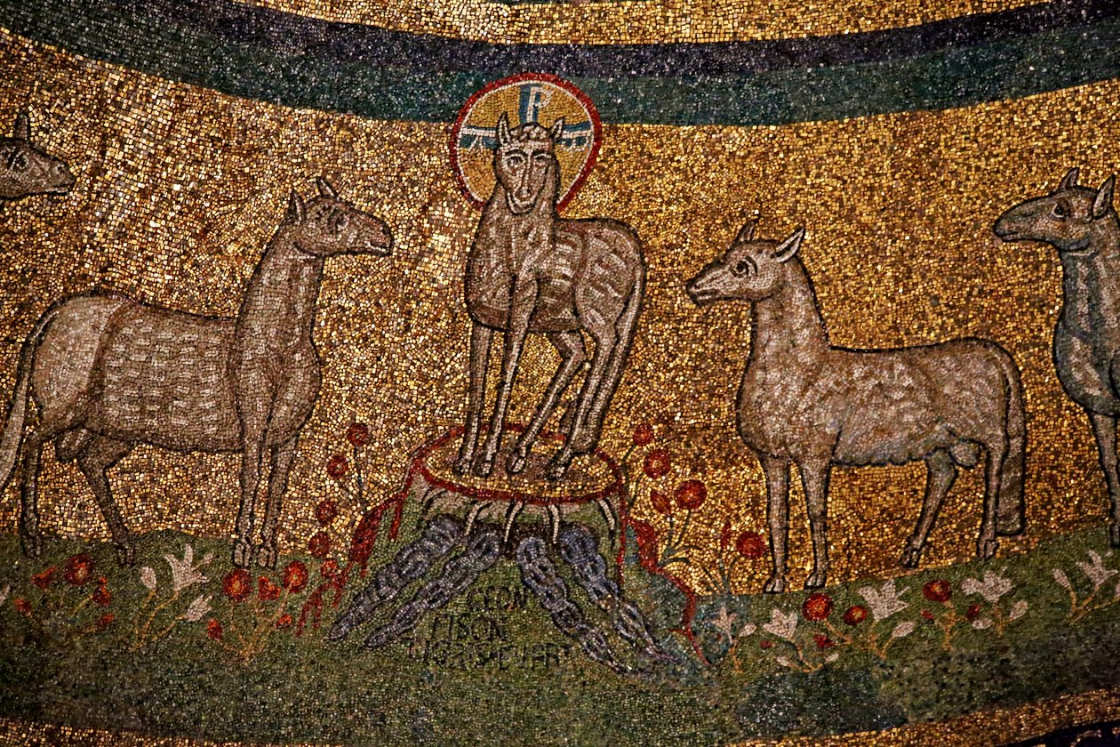 Abside mosaico com Cristo como o Cordeiro Pascal e ovelhas (mosaico) de Italian School