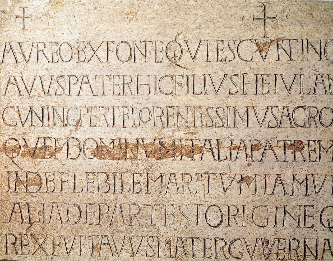 Arqueologia da Idade Média (Idade Média). Arte bárbara da Lombardia: pedra tumular do rei lombardo Cunipert, conhecido como o Pio (Cuniperto, 678-700). Arte lombarda. Pavia, Museu Cívico, Secção Arqueológica (Pavia, Musei Civici, Sezione Archeologia). de Italian School